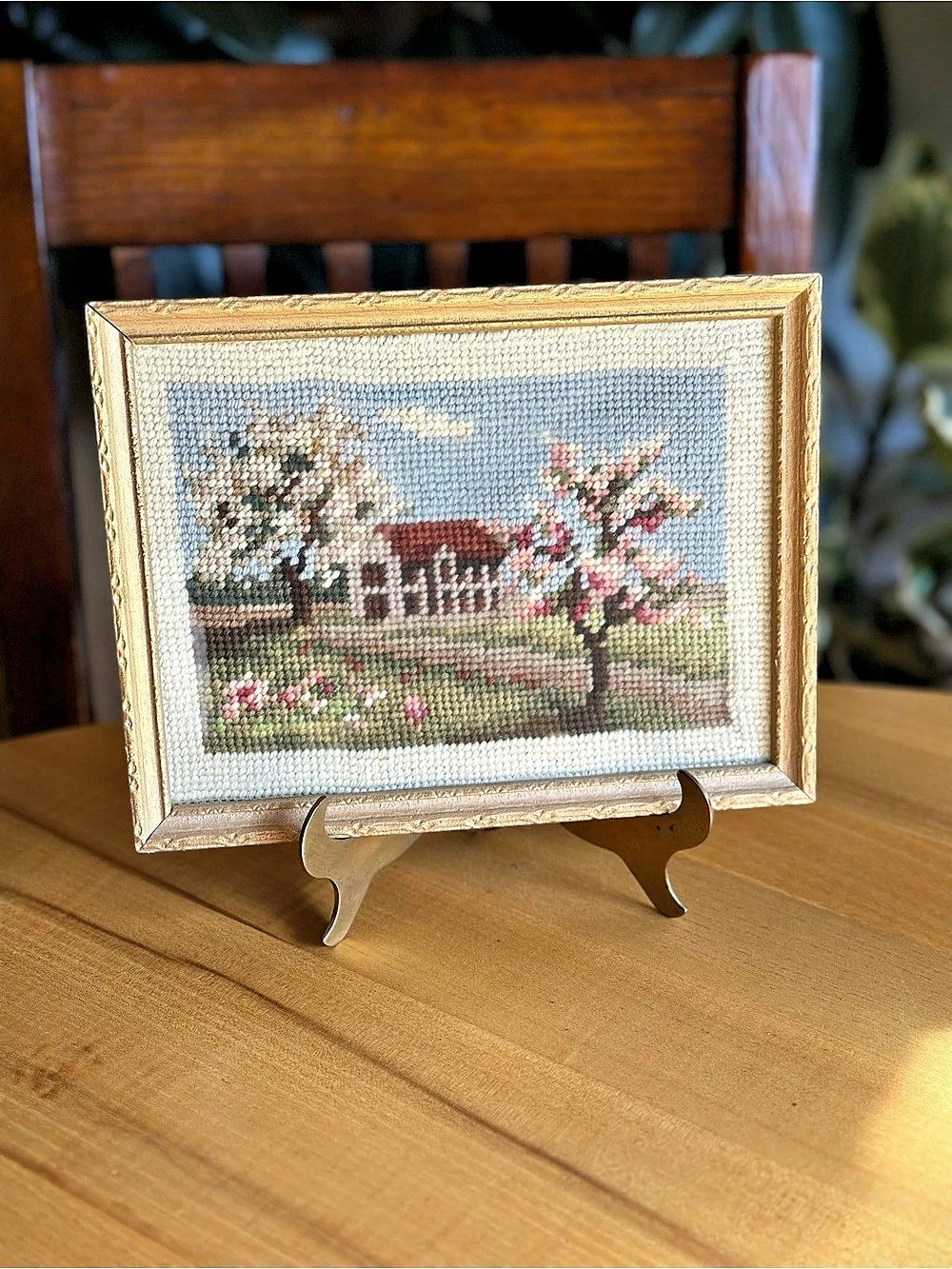 Framed Needlepoint Cottage Scene in Blue & Pink